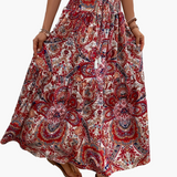 Damen Boho Lange Blumige Elegante Sommermode Rock mit Taschen – Weinrot