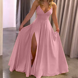 Fließendes Maxikleid mit V-Ausschnitt und Schlitz – Rosa