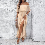 Mona - Schulternahes Maxikleid mit Schlitz – Aprikose