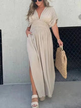 Elegantes Maxikleid Damen Sommer mit Schlitz & V-Ausschnitt | Langes Boho Strandkleid – Aprikose