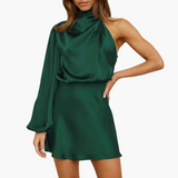 Satin-Halterkleid - für Damen mit asymmetrischem Ärmel – Grün