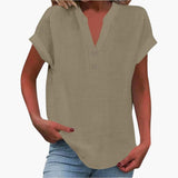 Damen Kurzarmshirt mit V-Ausschnitt und lockerer Passform – Taupe