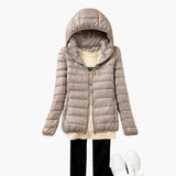 Ultraleichte Daunenjacke mit Kapuze für Damen – KhakiFarbe