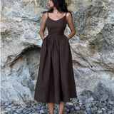 Damenkleid aus Leinen mit Knopfleiste und lockerem Schnitt für den Sommer – Schwarz