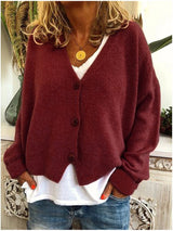 Strickjacke für Damen, Dicker Strick und lässiger Schnitt - Elvarine – Weinrot