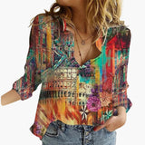 Kunstvoll bedruckte V-Ausschnitt Bluse - Damen Freizeitlook – Gold