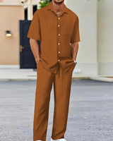 Herren Freizeit-Zweiteiler mit Kurzarm-Hemd und bequemer Hose – Kaffee