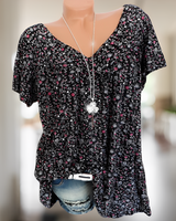 Winslet - V-Ausschnitt Lose Kurzarm Freizeit T-Shirt – Schwarz