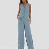 Joan - Lässiges, ärmelloses Set mit weitem Bein für Damen – Blau