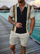 Herren Freizeit-Set | zweiteiliges Outfit mit Aufdruck – Schwarz/Beige
