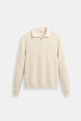 Klassischer Strickpullover mit Reißverschluss & Kontrastkragen – Creme