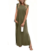 Romaisa | Lässiges langes Kleid mit Schlitz und bügelfrei – Militärgrün