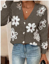 Daisy - Strickjacke mit Blumenmuster und Gänseblümchen – Dunkelgrau
