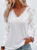 Shaleva - Stylisches Langarm Shirt Mit Spitzen V-Ausschnitt – Weiß