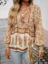 Florinda - Florale Boho-Bluse mit langen Ärmeln – Aprikose
