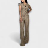 Ivy - Elegantes V-Ausschnitt Top mit passender Hose – Khaki