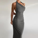Daniela - Langes drapiertes Kleid mit Neckholderausschnitt – Grau