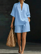 Silvani - Lässiges Set Aus Baumwoll Top Mit V-ausschnitt Und Shorts – Blau