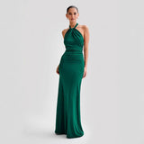 Faera | Drapiertes Langes Neckholder-Kleid – Dunkelgrün