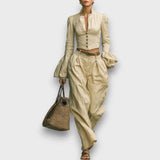 Serenya – Zweiteiliges Set mit Stehkragenbluse – Khaki