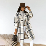Harlow – langer karierter wintermantel mit gürtel – Beige