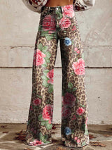 Cathleen - Weite Damenhose mit weitem Bein – Rosa & Leopard