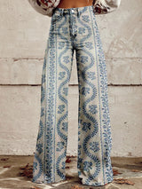 Cathleen - Weite Damenhose mit weitem Bein – Blau Gemustert