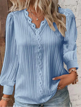Hannah | Glockenärmel Transparenter Einsatz Bluse – Hellblau