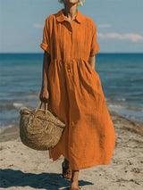 Alorie™ – Baumwollkleid mit Knöpfen – Orange