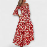 Bella - Off-Shoulder Kleid mit Blumenmuster in Ozeanfarben – Rot