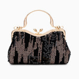 Alyannah | Navyblaue Samt-Clutch mit goldenen Pailletten & verziertem Griff – Elegante Abendtasche für Damen – Schwarz