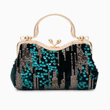 Alyannah | Navyblaue Samt-Clutch mit goldenen Pailletten & verziertem Griff – Elegante Abendtasche für Damen – Türkisblau