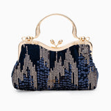 Alyannah | Navyblaue Samt-Clutch mit goldenen Pailletten & verziertem Griff – Elegante Abendtasche für Damen – Marineblau