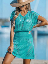 Damen Strandkleid Häkel Maxi V-Ausschnitt Sommer Boho – Blau