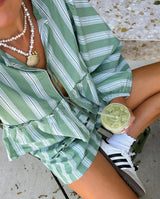 Damen Sommer-Zweiteiler – Gestreifte Bluse & Shorts – Lässiger Schnitt – Grün