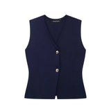 Ärmellose Damen-Strickweste mit Knopf-Front – Marineblau
