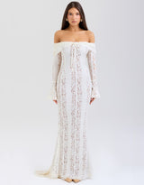 Spitzen-Abendkleid mit Carmen-Ausschnitt und langen Ärmeln für Damen – Weiß