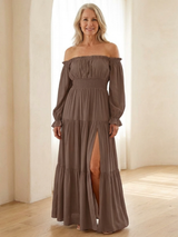 Adira | Off-Shoulder Smock-Maxikleid – Braun