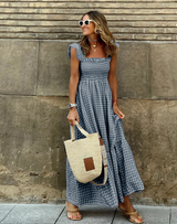Damen Maxikleid Baumwolle Gingham Rüschenärmel Eleganter Sommerlook – Schwarz