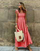Damen Maxikleid Baumwolle Gingham Rüschenärmel Eleganter Sommerlook – Rot