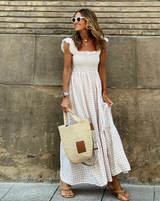 Damen Maxikleid Baumwolle Gingham Rüschenärmel Eleganter Sommerlook – Beige