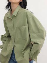Damen Oversize Kragen mit Brusttasche Bluse – Olivgrün
