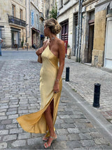 Damen Rückenfrei Maxi Satin Kleid – Gelb