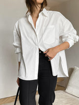 Damen Lang Weiß Geknöpft Kragen Bluse – Weiß