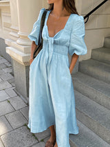 Leinen-Baumwoll Midikleid mit Frontbindung – Sommerkleid für Damen – Blau