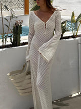 Gehäkelten Strandkleid Maxi – Boho Sommerkleid mit V-Ausschnitt – Weiß