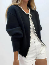 Strickjacke mit Perlenbesatz und geripptem Saum-PEARL – Schwarz