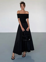 Damenkleid Satin Off-Shoulder mit elegantem Schnitt – Schwarz