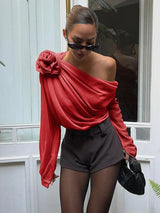 Elegante Chiffon Bluse mit Einem Schulterstück – Halbtransparent & Leicht – Rot