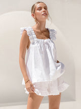 Zweiteiler Damen Sommer: Rüschen-Top & Shorts aus Bio-Baumwolle – Weiß